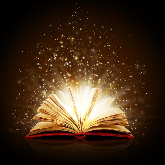 Lysende, magiske gnister strømmer ud af bog.