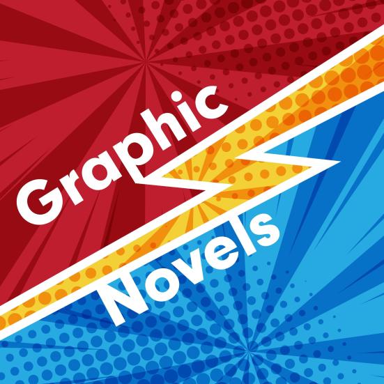 Ordene Graphic Novels på en tegneserielignende baggrund.