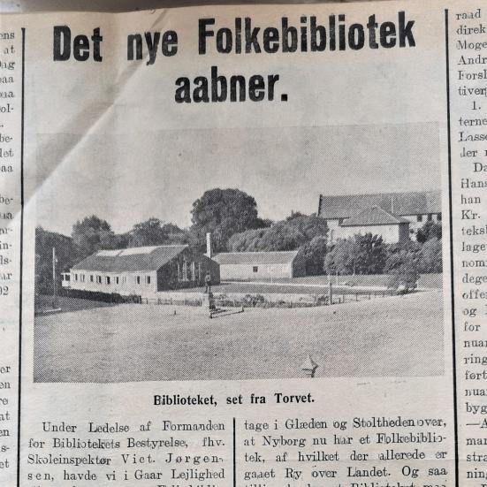 Artikel om det nye bibliotek fra Nyborg Avis, 17. september 1939. Overskriften lyder "Det nye Folekbibliotek aabner".