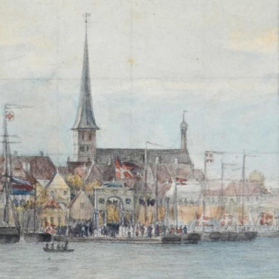 Udsnit af akvarellen, der viser Nyborgs havn, som den så ud den dag i 1840. Foto: Anne-Lise Reinsfelt, Nyborg Lokalhistoriske Arkiv.