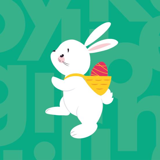 En sød hvid påskehare går afsted med en kurv på ryggen på en grøn baggrund.