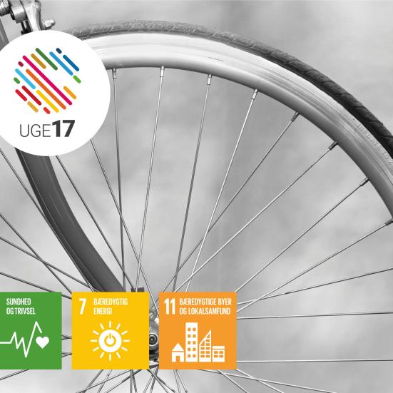 Cykelhjul. Uge 17 logo. Verdensmål 3, 7 og 11.