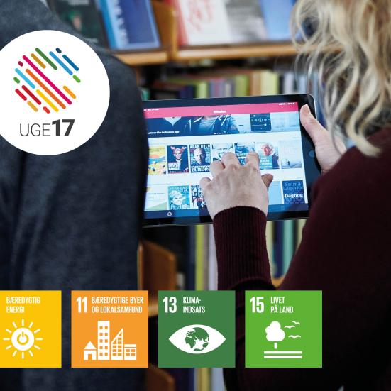 To personer kigger på iPad. Uge 17 logo. Verdensmål 7, 11, 13 og 15.
