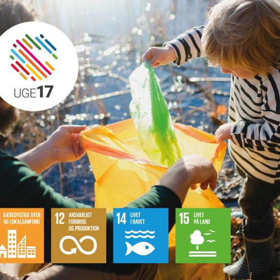 Barn putter skrald i skraldepose. Uge 17 logo. Verdensmål 11, 12, 14 og 15.