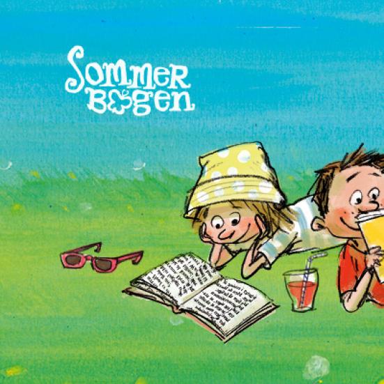 Sommerbogen logo og illustration af to børn der ligger og læser.