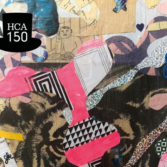 Collage samt logo med sort højt hat med teksten HCA 150.