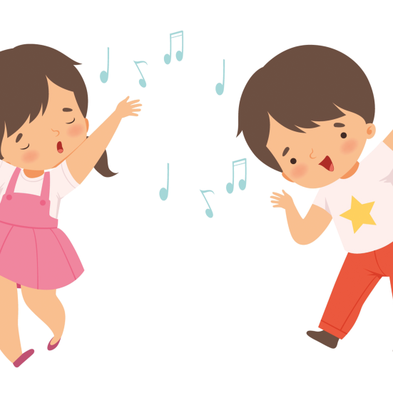 Illustration med to børn der synges og danser af glæde.