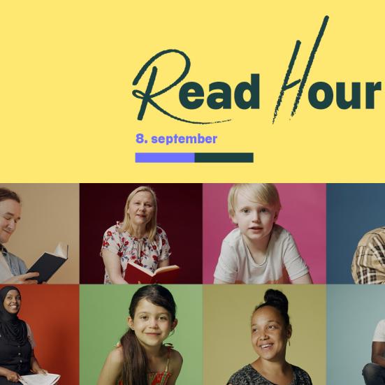 Portrætter af forskellige aldersgrupper der læser samt teksten ReadHour 8. september.