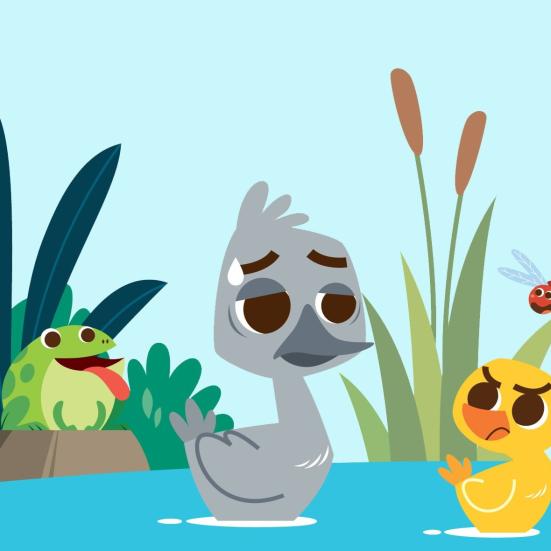 Tegning af Den Grimme Ælling i andedammen.