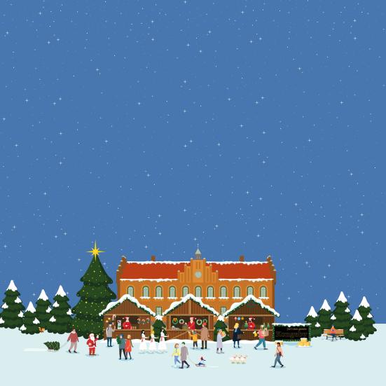 Hyggelig illustration af julemarked på Torvet i Nyborg.