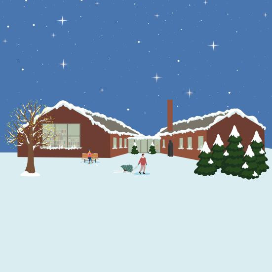 Hyggelig illustration af Nyborg Bibliotek beklædt med sne.