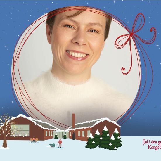 Foto af Lisa Joan Johansen i en julekugle på en stjernehimmebaggrund med et sneklædt Nyborg Bibliotek og ordene "Jul i den gamle Kongeby"