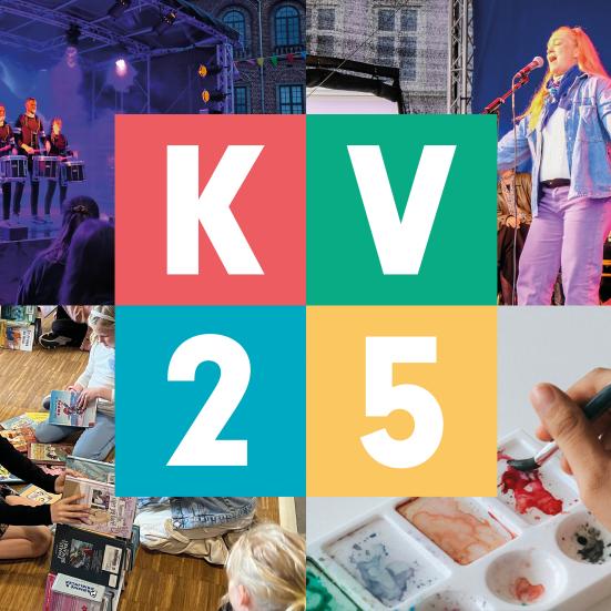 Der står KV25 i farvede firkanter oven på fire billeder af kulturaktiviteter i Nyborg