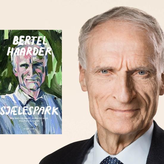 Portræt af Bertel Haarder og bogforsiden til Sjælespark. Foto: Steen Brogaard