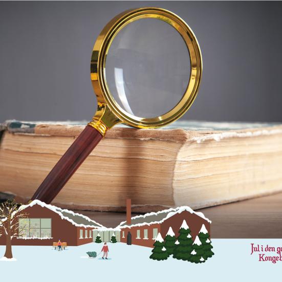 Forstørrelsesglas, bog og logo for Jul i den gamle Kongeby.