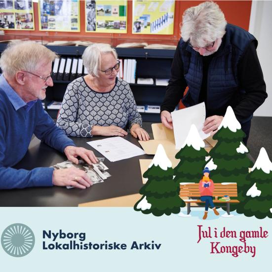 Frivillige ved Nyborg Lokalhistoriske Arkiv kigger på dokumenter. Jul i den gamle kongeby logo.