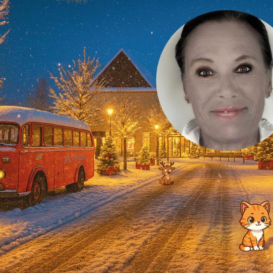 Hyggelig juleillustration med sne, juletræer en gammel bus og Røde Allan foran Nyborg Station samt portrætbillede af Betty Glosted.