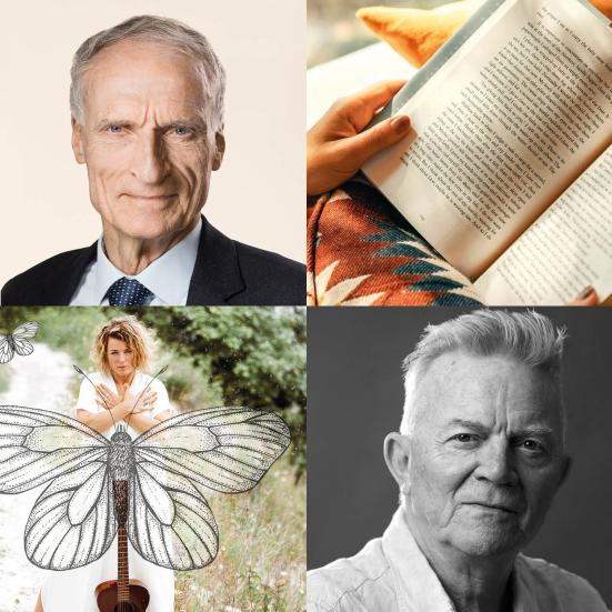 Collage med billeder af Bertel Haarder, en bog, Stine Michel med en stor sommerfugl og Mich Vraa.