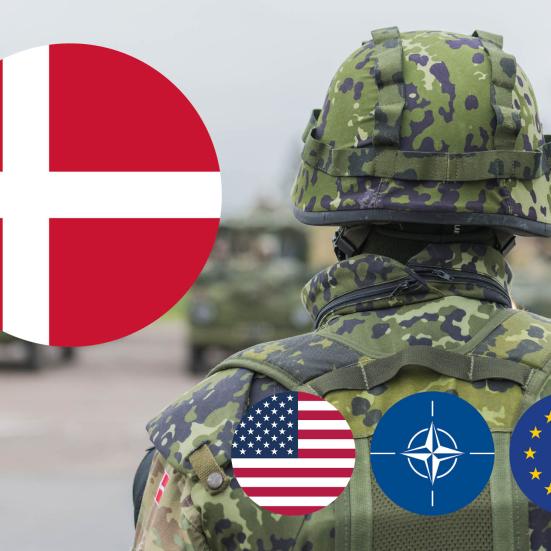 En soldat fra det danske forsvar samt et stort dannebrogsflag og tre små flag for USA, NATO og EU