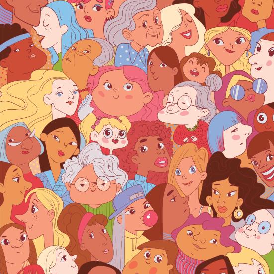 Illustration af en masse forskellige kvindeansigter af forskellige alder og forskelligt udseende.