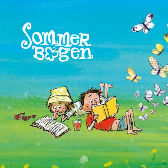 Illustration af to børn, der ligger på græsset og læser, flyvende sommerfugle og logoet for sommerbogen.