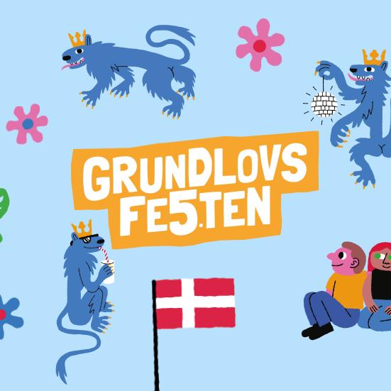 Sjove illustrationer og logo for Grundlovsfesten. 