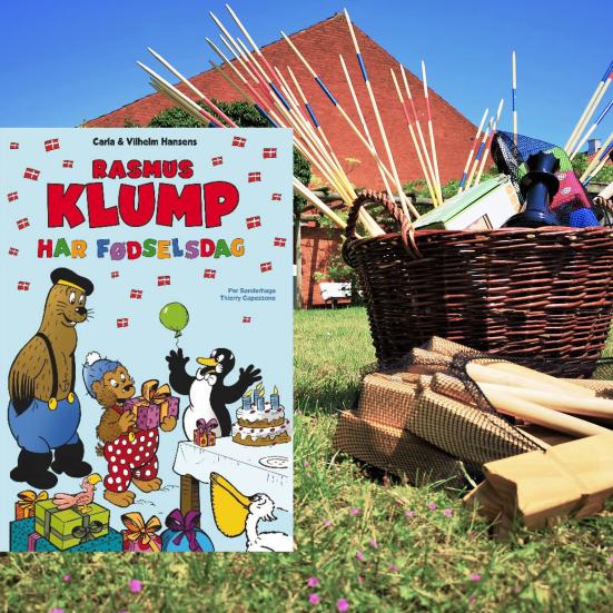 Sommerbillede fra Bibliotekshaven og bogforsiden til "Rasmus Klump har fødselsdag"