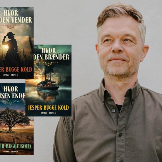Portræt af Jesper Bugge Kolde samt bogforsiderne til trilogien.