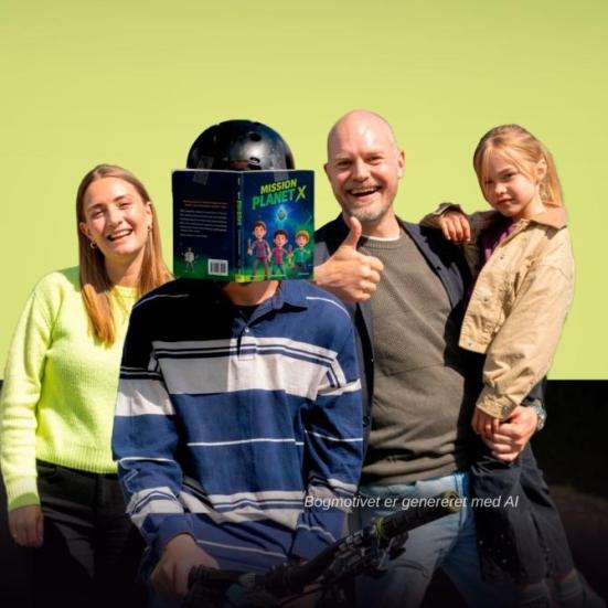 Billede fra kampagnen. En dreng har tapet en bog fast på sin cykelhjelm foran sit ansigt, mens hans glade familie står omkring ham. Bogomslaget er genereret med AI.