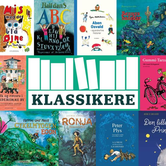 En masse børnebøger samt logo med ordet "Klassikere"