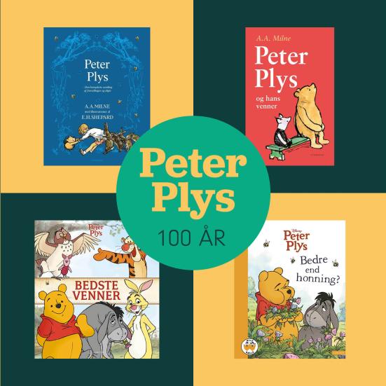 I midten står der "Peter Plys 100 år". Rundt om er der bogforsider til Peter Plys-bøger.