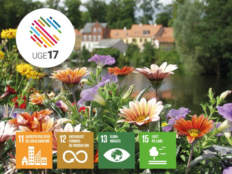 Blomster i Nyborg. Uge 17 logo. Verdensmål 11, 12, 13 og 15.