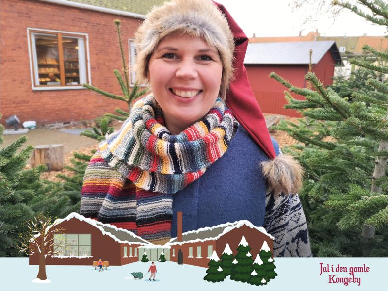 Biblioteksnissen Frigge. I bunden en illustration af Nyborg Bibliotek med sne og logoet for Jul i den gamle Kongeby.