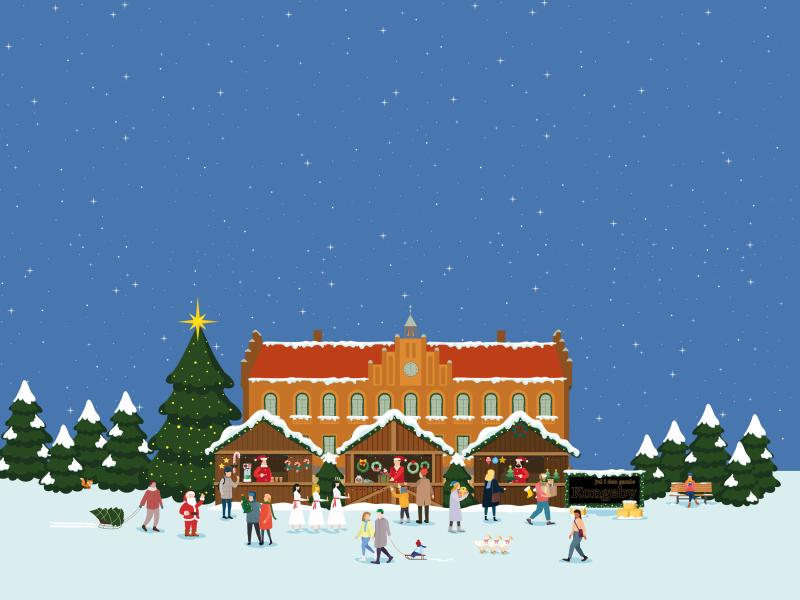 Hyggelig illustration af julemarked på Torvet i Nyborg.