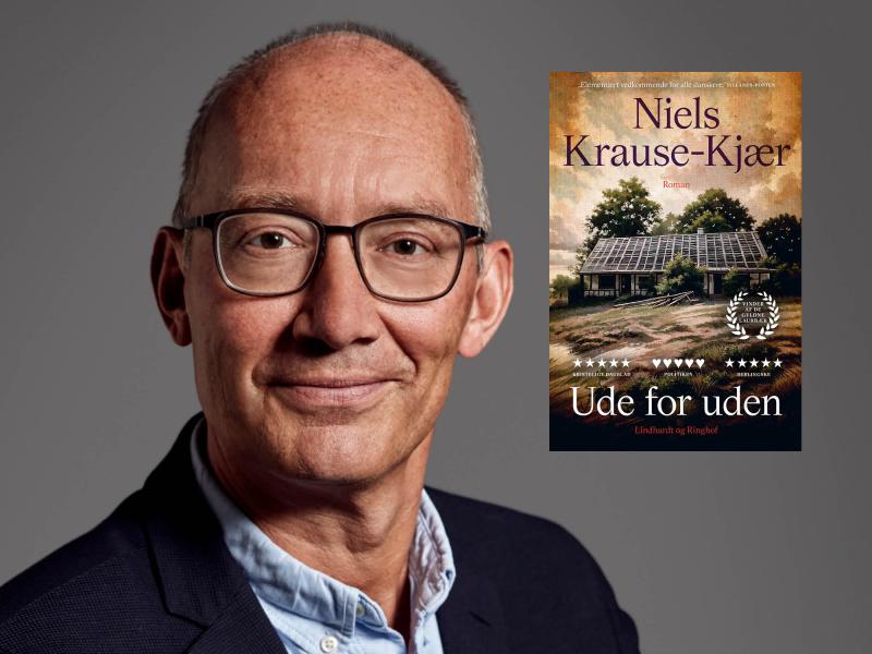 Portrætbillede af Niels Krause-Kjær fotograferet af Thomas A. samt bogforsiden til "Ude for uden"