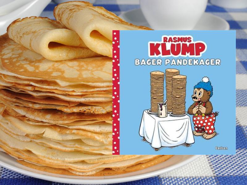 Foto af pandekager: Colourbox. Bogforside: "Rasmus Klump bager pandekager" fra forlaget Carlsen.