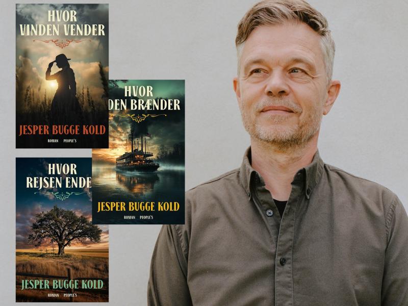 Portræt af Jesper Bugge Kolde samt bogforsiderne til trilogien.