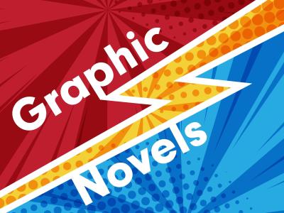 Ordene Graphic Novels på en tegneserielignende baggrund.