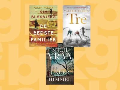 Gul baggrund med forsiderne for top 3 bøgerne "De bedste familier", "Under en anden himmel" og "Tre".