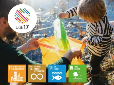 Barn putter skrald i skraldepose. Uge 17 logo. Verdensmål 11, 12, 14 og 15.