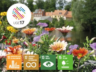 Blomster i Nyborg. Uge 17 logo. Verdensmål 11, 12, 13 og 15.