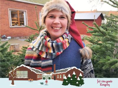 Biblioteksnissen Frigge. I bunden en illustration af Nyborg Bibliotek med sne og logoet for Jul i den gamle Kongeby.