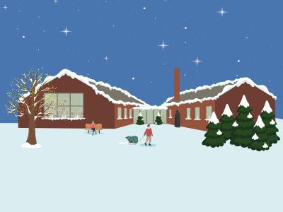 Illustration af Nyborg Bibliotek med sne.