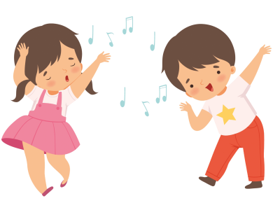 Illustration med to børn der synges og danser af glæde.