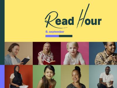 Portrætter af forskellige aldersgrupper der læser samt teksten ReadHour 8. september.