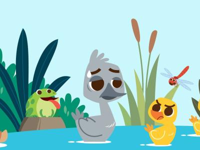 Tegning af Den Grimme Ælling i andedammen.