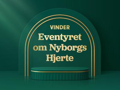 Teksten "Vinder Eventyret om Nyborgs Hjerte" på et grønt podium.