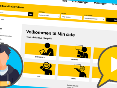 PR-billede fra Ordlab der viser et afspilsningssymbol, en illustration af en mand og et screenshot af hjemmesiden.