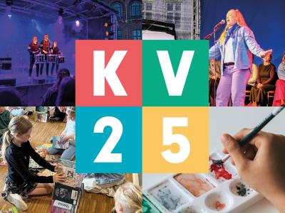 Der står KV25 i farvede firkanter oven på fire billeder af kulturaktiviteter i Nyborg