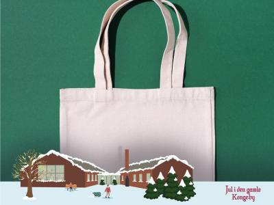 Hvid mulepose på grøn baggrund. Jul i den gamle Kongeby logo.